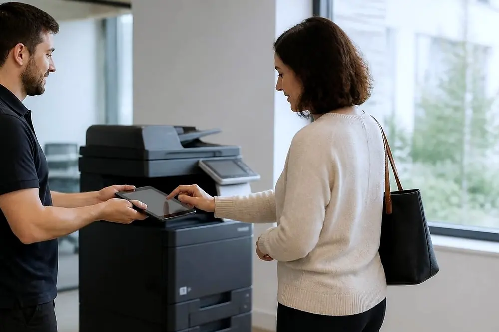 Technician showing an office worker the control panel of a floor standing copier