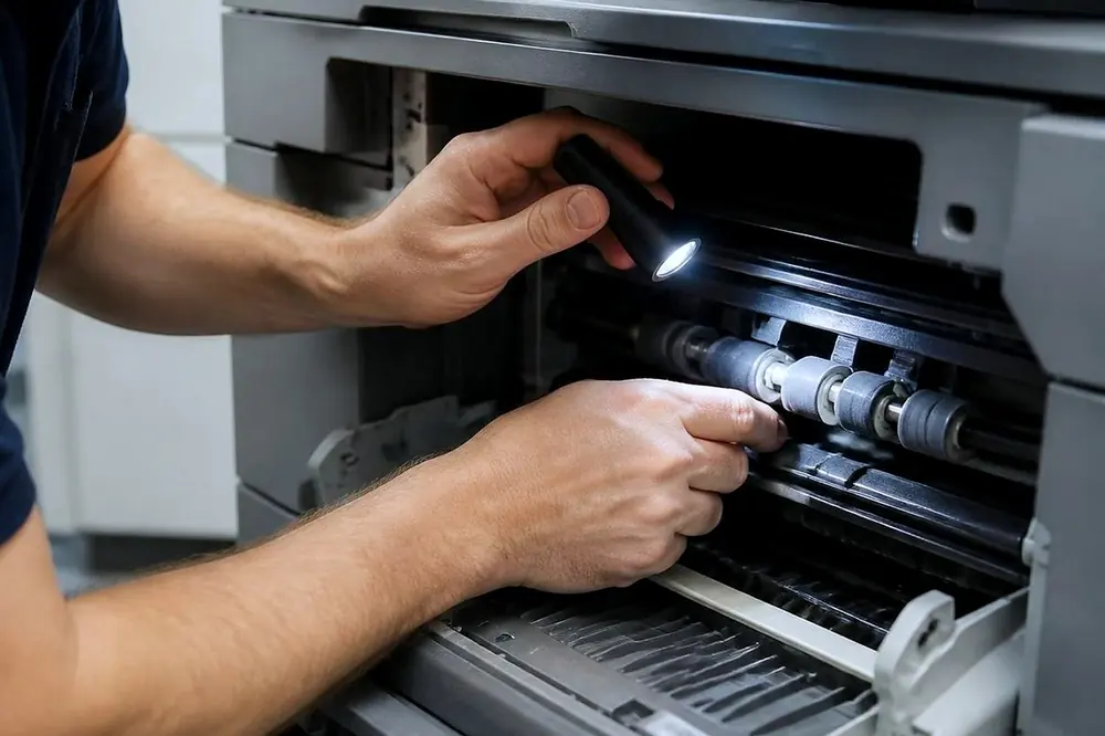 Hands holding a small torch to check the rollers along the paper path inside an open copier