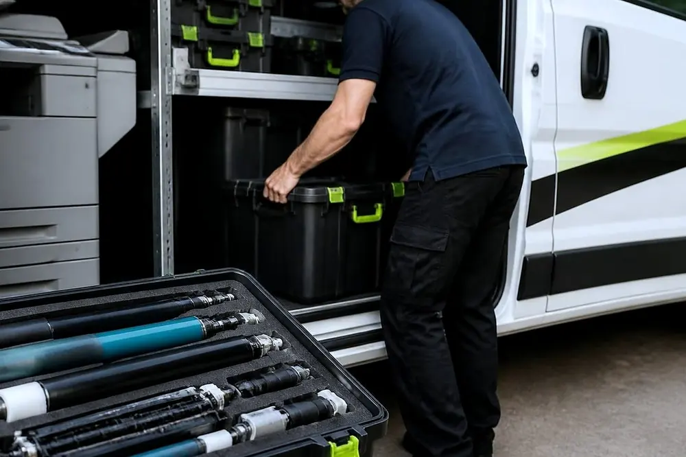 Open case of drums and rollers in a service van, with a technician at the van door