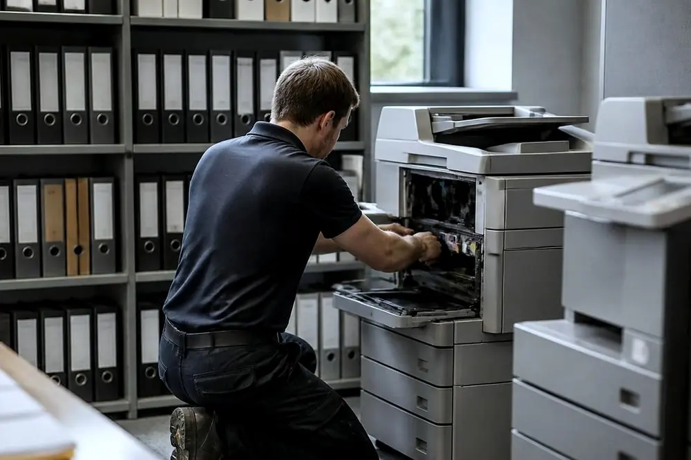 Technician kneeling at an open copier in an office with ring binders on the shelves behind