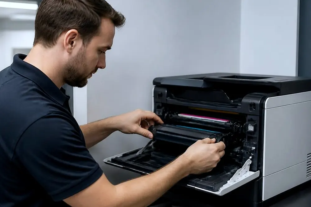 Technician opening a desktop colour laser printer and lifting out a toner unit