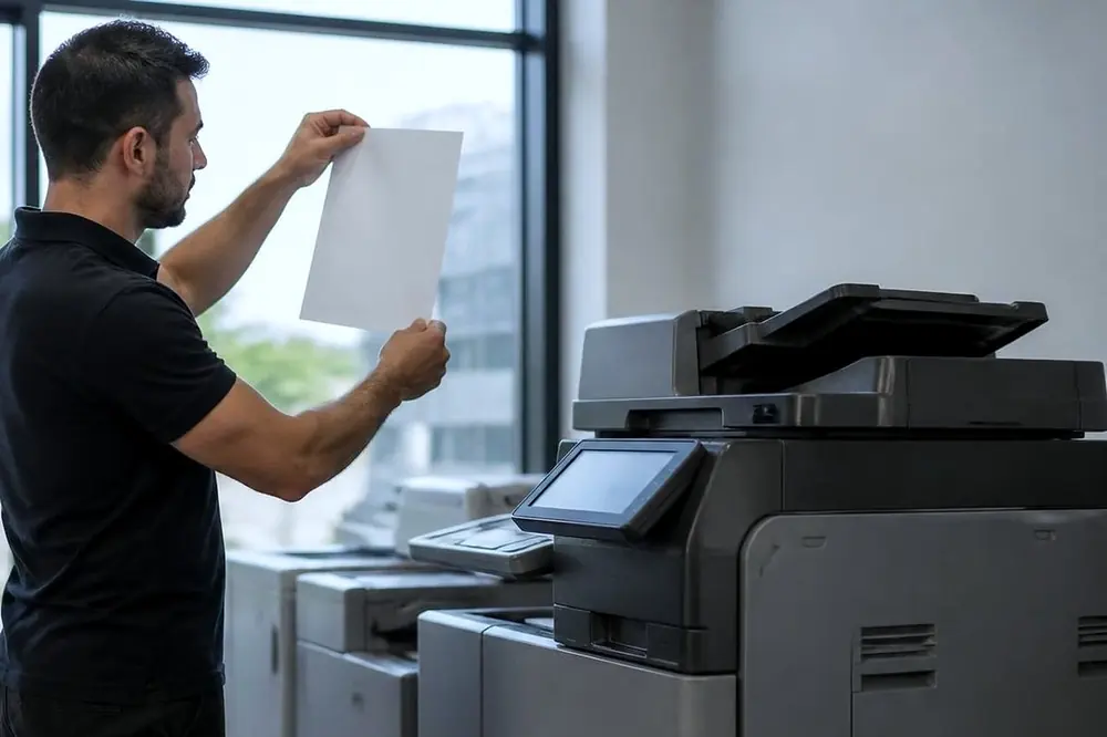 Technician holding a printed sheet up to the light beside a floor standing copier