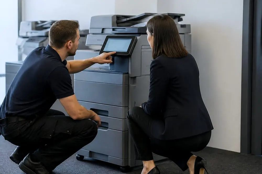 Technician and an office worker crouched beside a copier, looking at its touchscreen