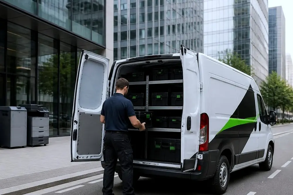 Technician at the open rear doors of a service van parked on a street