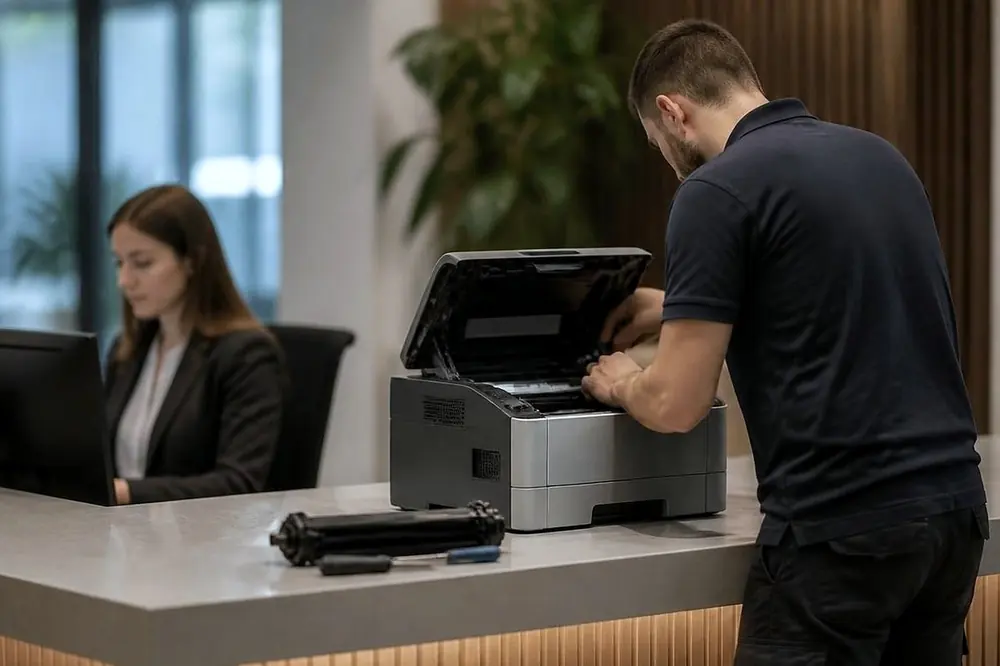 Technician working on a desktop printer on a reception counter while a receptionist sits behind