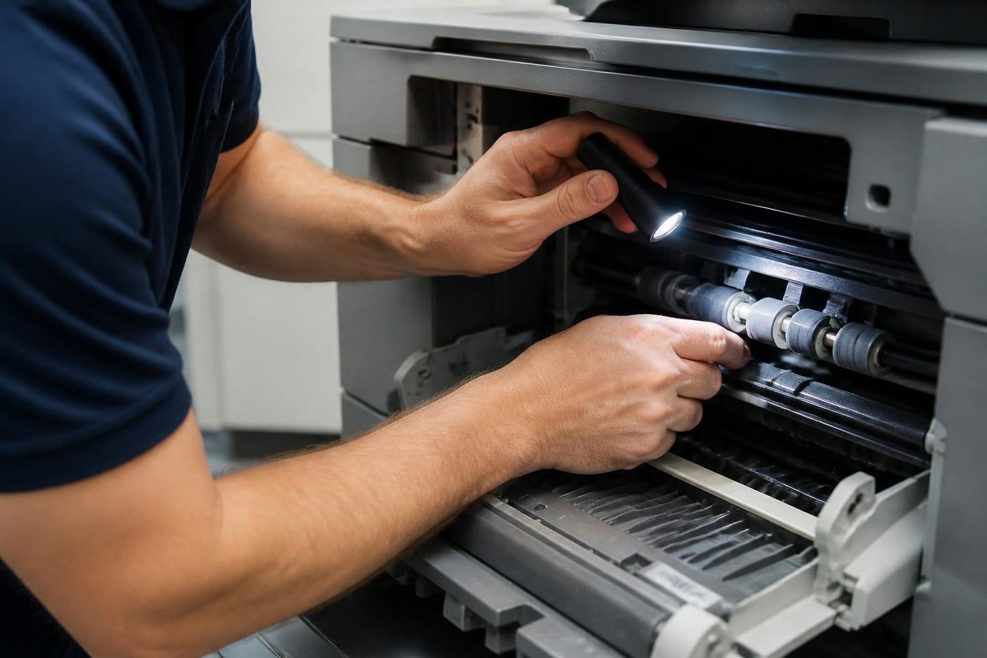 A technician checking a copier paper path with a torch on the Gold Coast