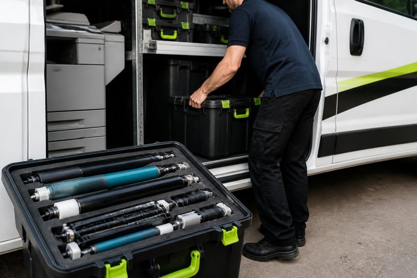 An open parts case of drums and rollers in a Laser Printers van on the Gold Coast