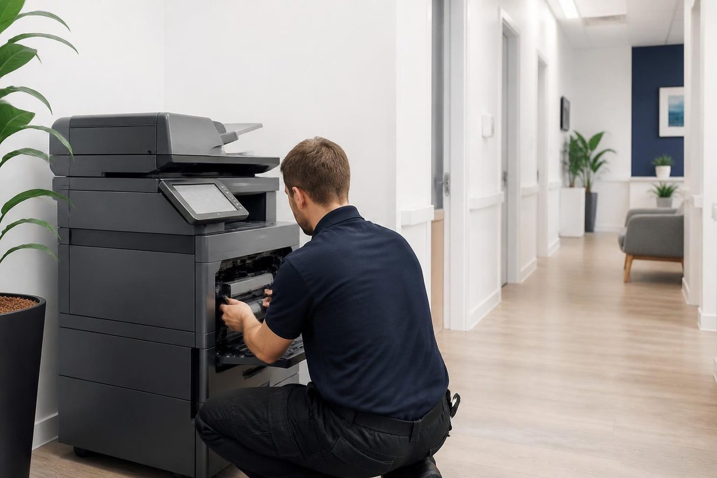 A technician servicing a copier in the corridor of a Gold Coast medical clinic