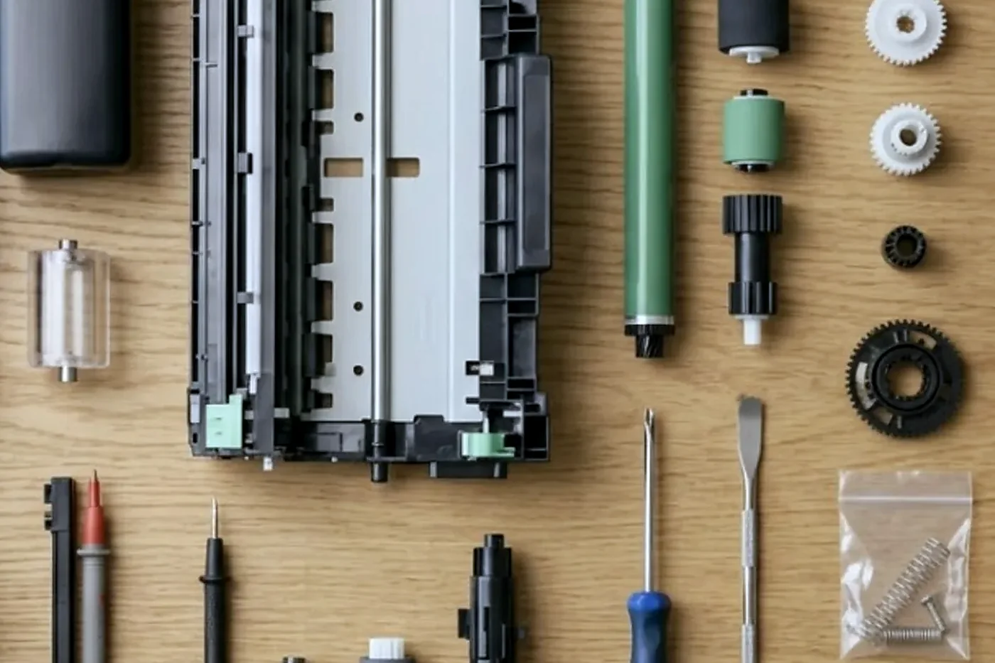 Toner, drum, rollers and tools on a bench ready for a Gold Coast copier service