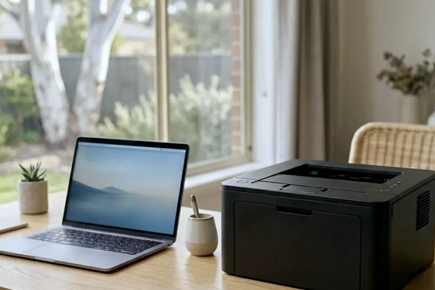 Black desktop laser printer on a timber desk in a small Gold Coast office