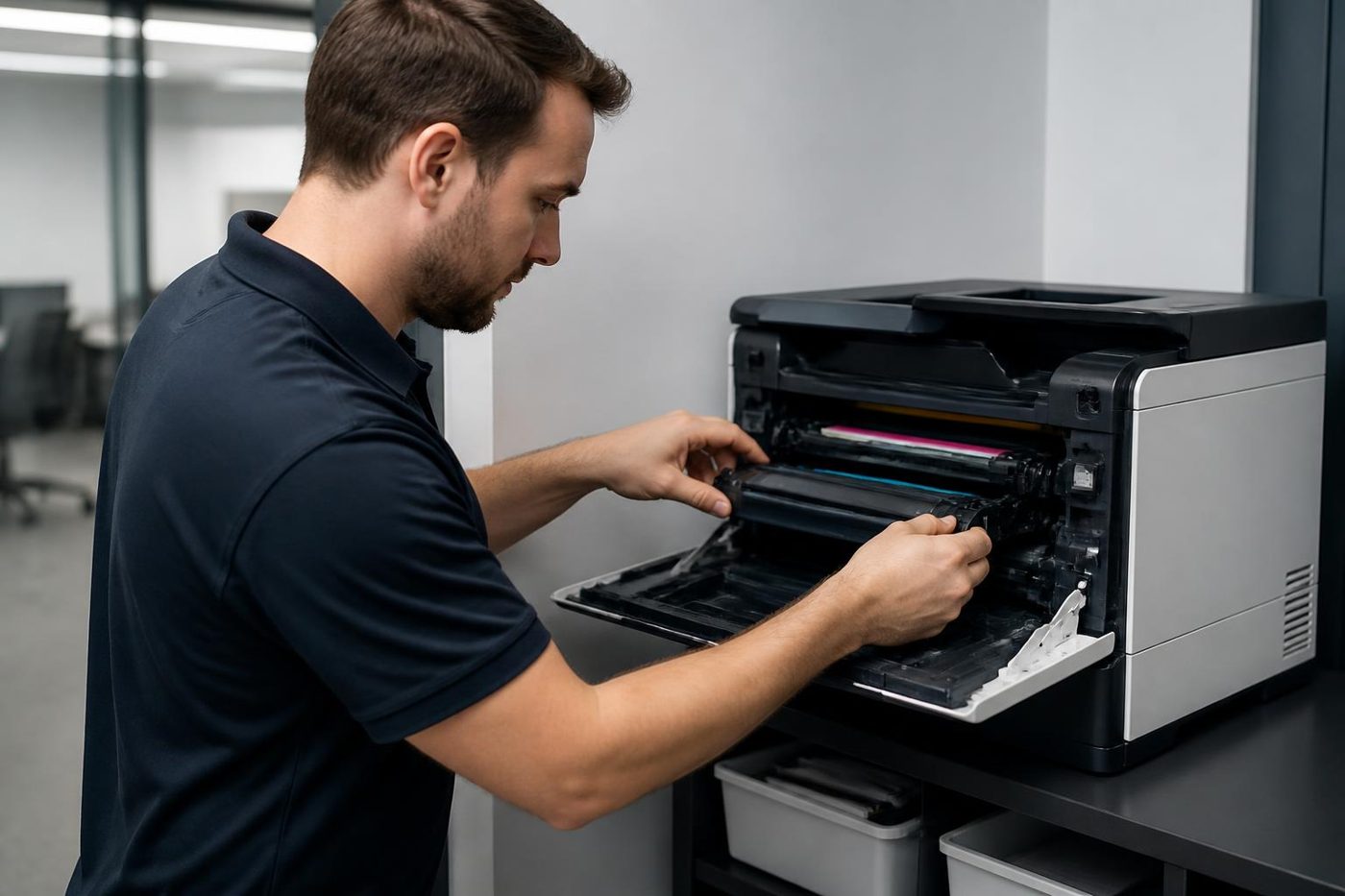 A technician servicing a business laser printer in a Gold Coast office