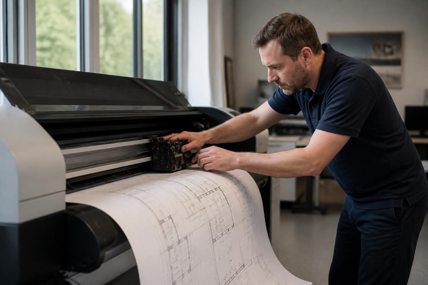 A technician servicing a wide format plotter on the Gold Coast