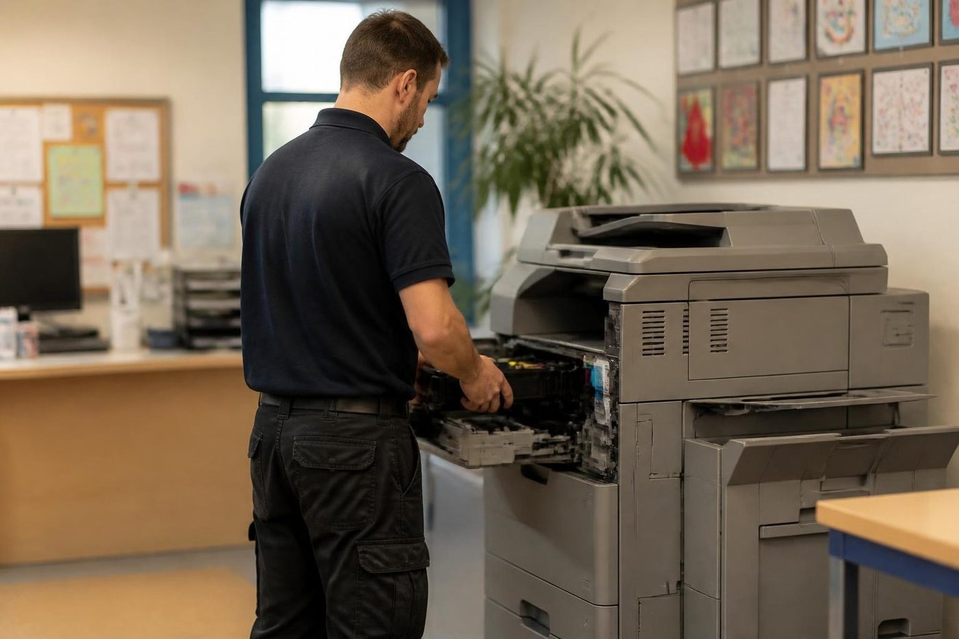 A technician repairing a copier in the office of a Gold Coast school