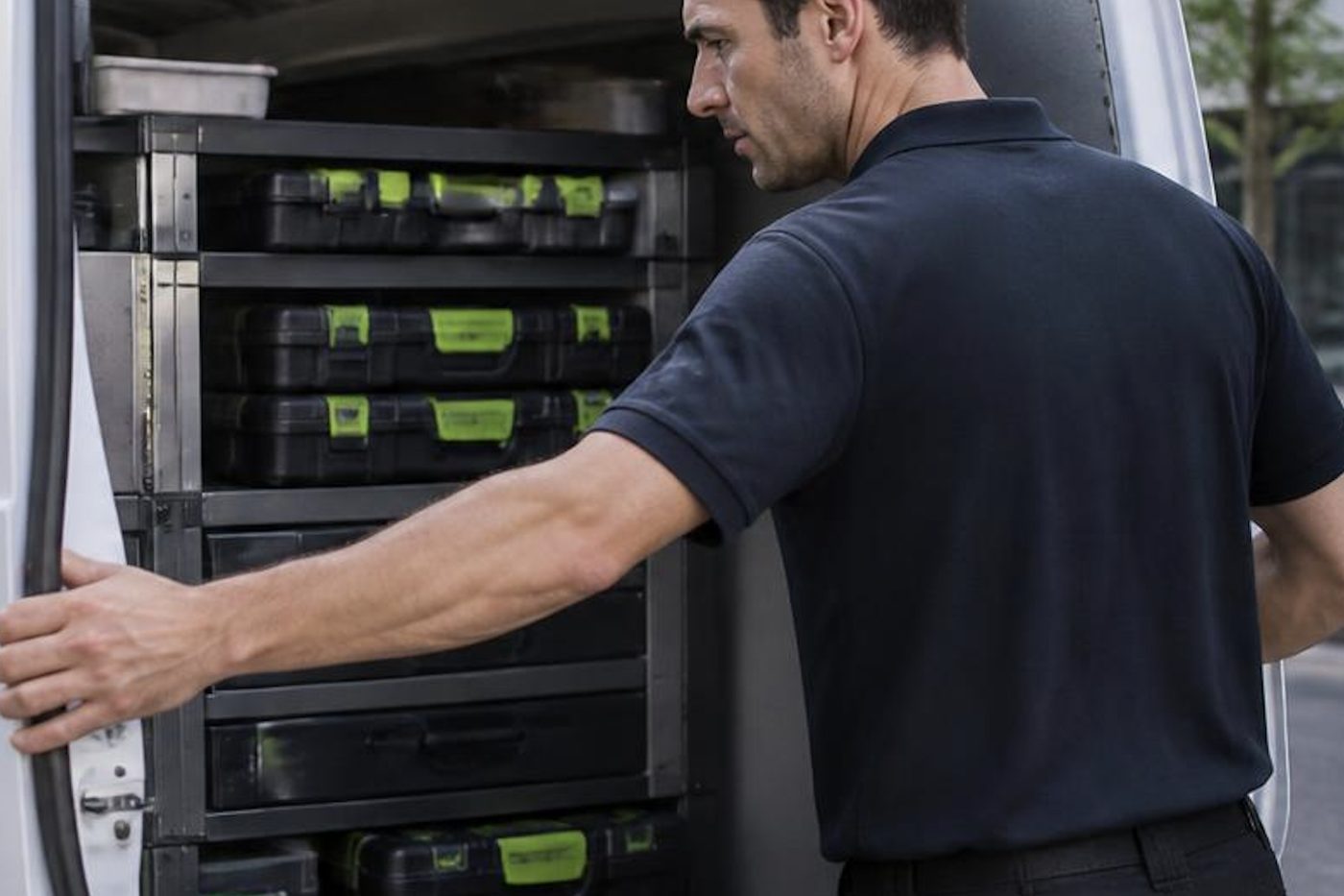 Latched parts cases on the shelves of a Laser Printers service van on the Gold Coast