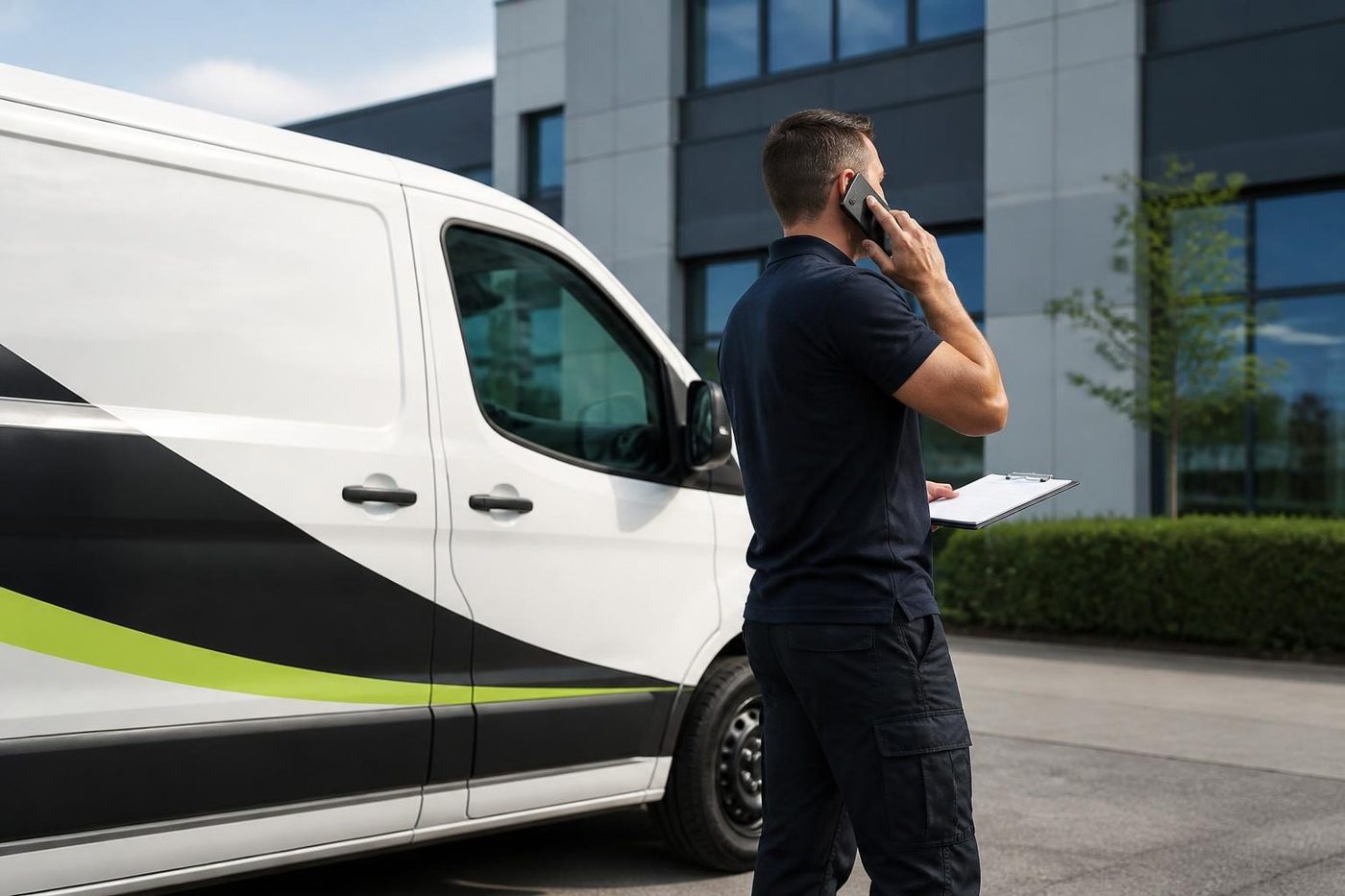 A Laser Printers technician on the phone beside the service van on the Gold Coast