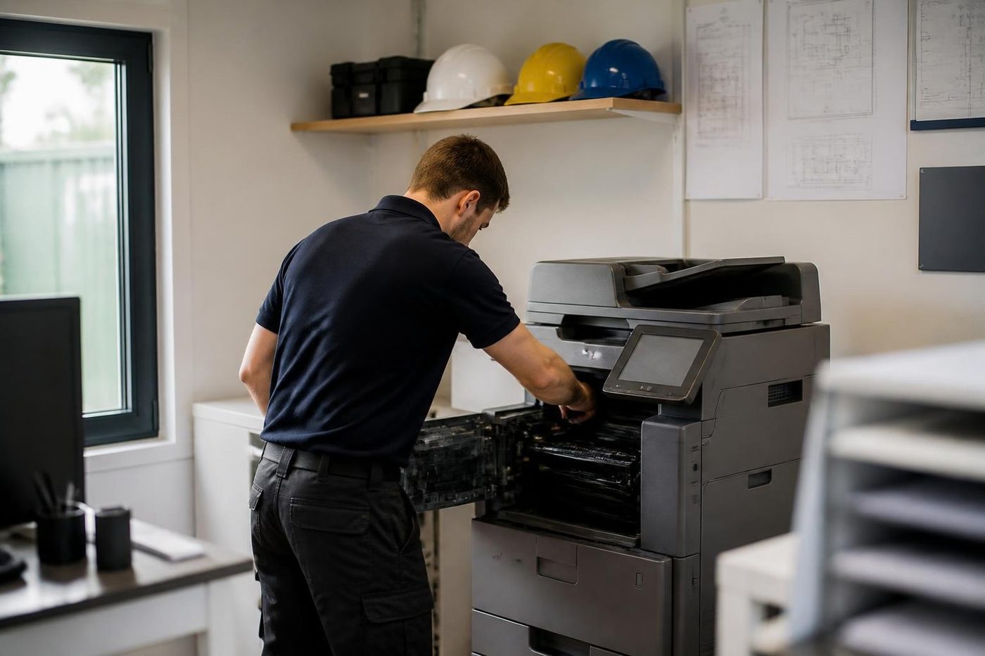 A technician repairing a copier in a Gold Coast building site office