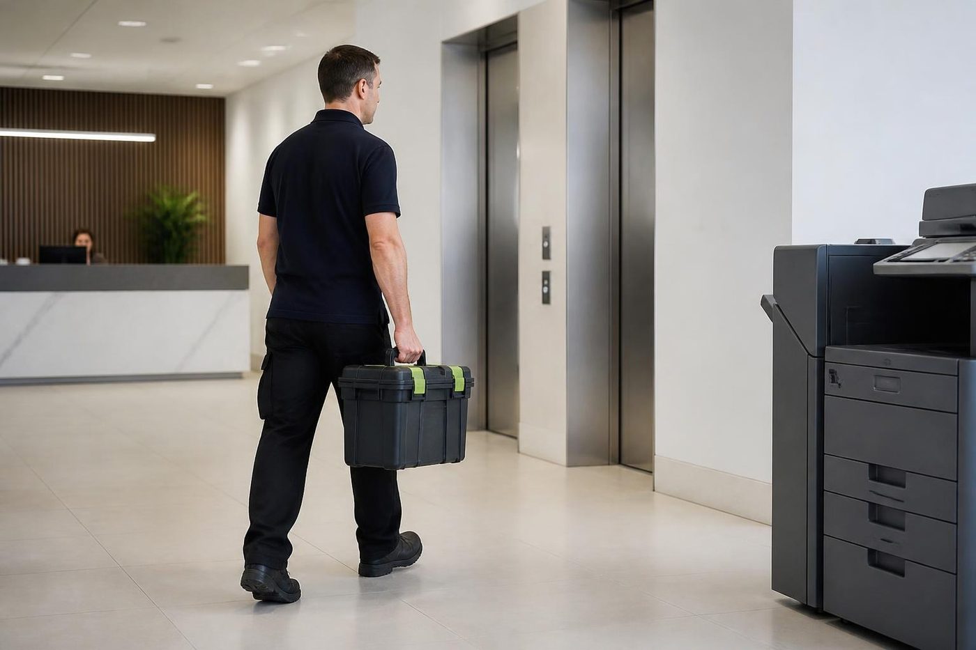 A technician carrying a parts case through the lobby of a Gold Coast office building