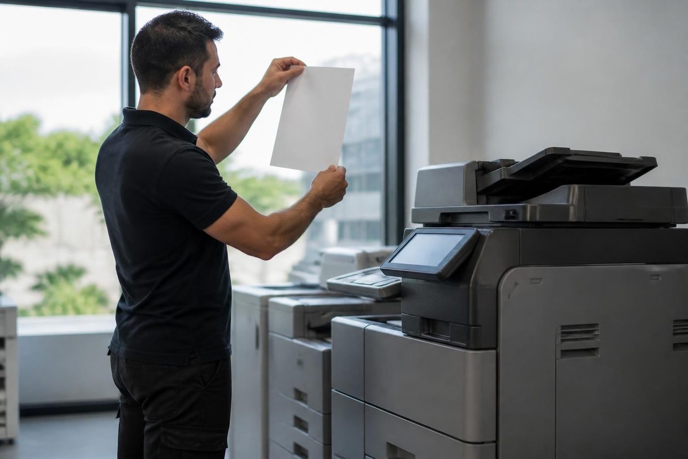 A technician checking a test print beside a floor standing copier on the Gold Coast