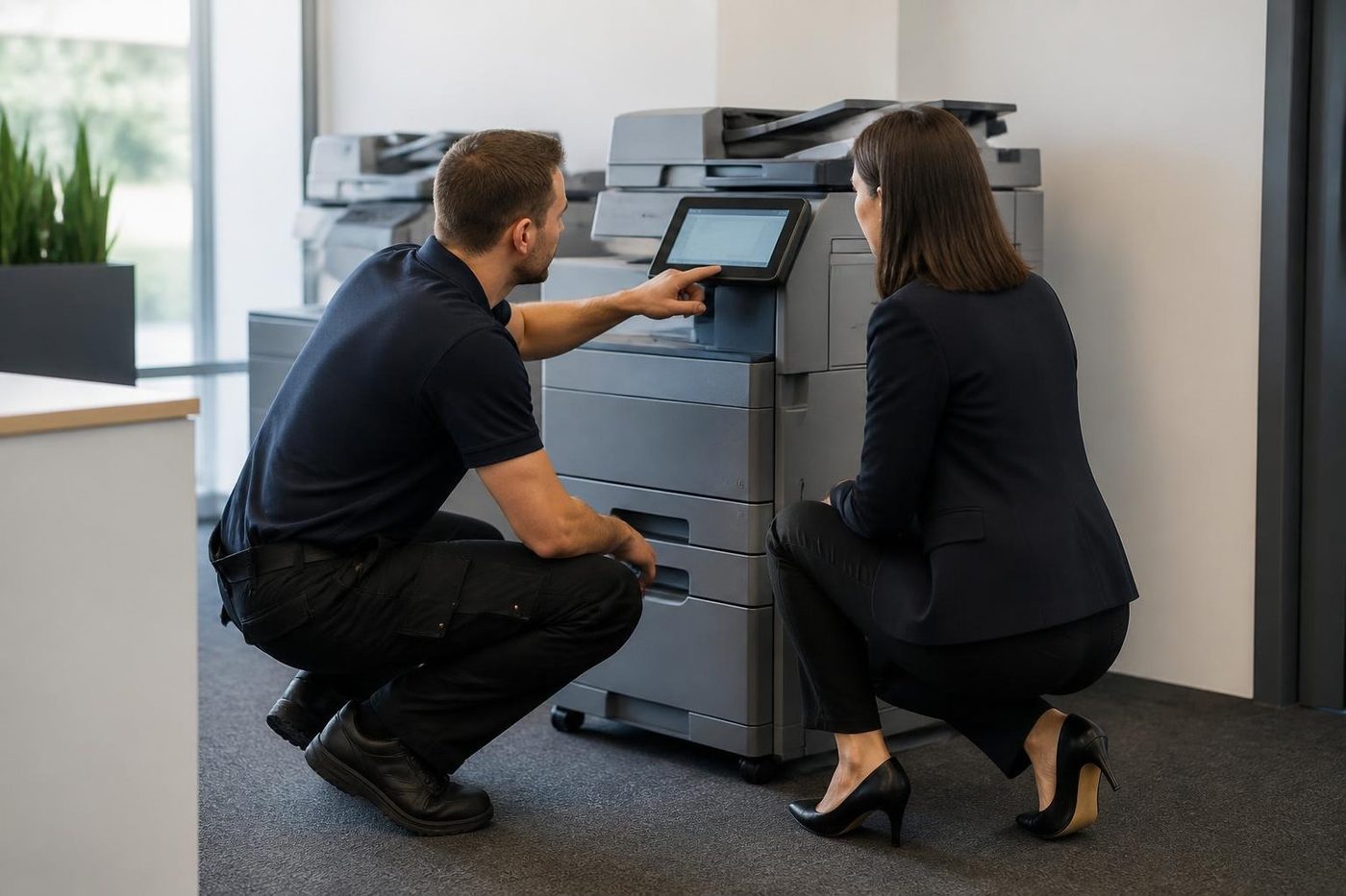 A technician explaining a copier fault to an office worker on the Gold Coast