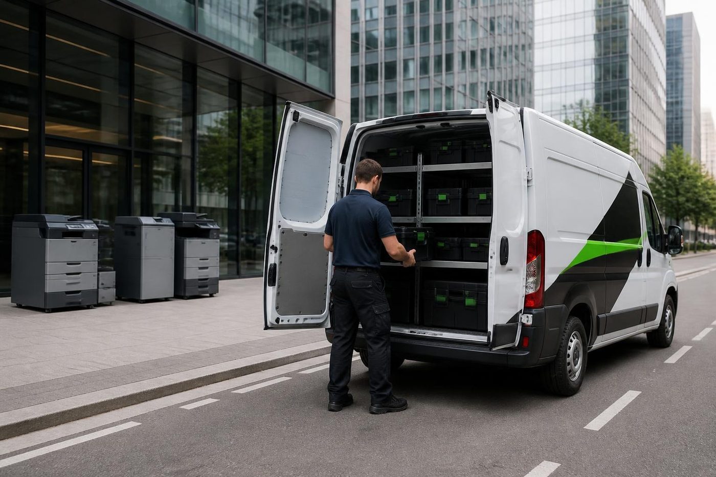 A technician loading parts into a Laser Printers service van on the Gold Coast