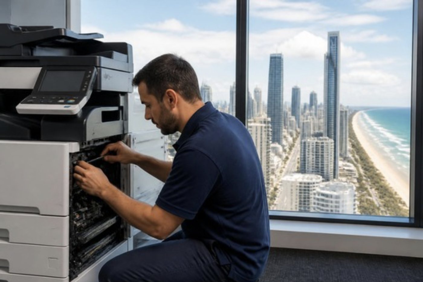 A technician servicing a copier by a window in a Gold Coast office