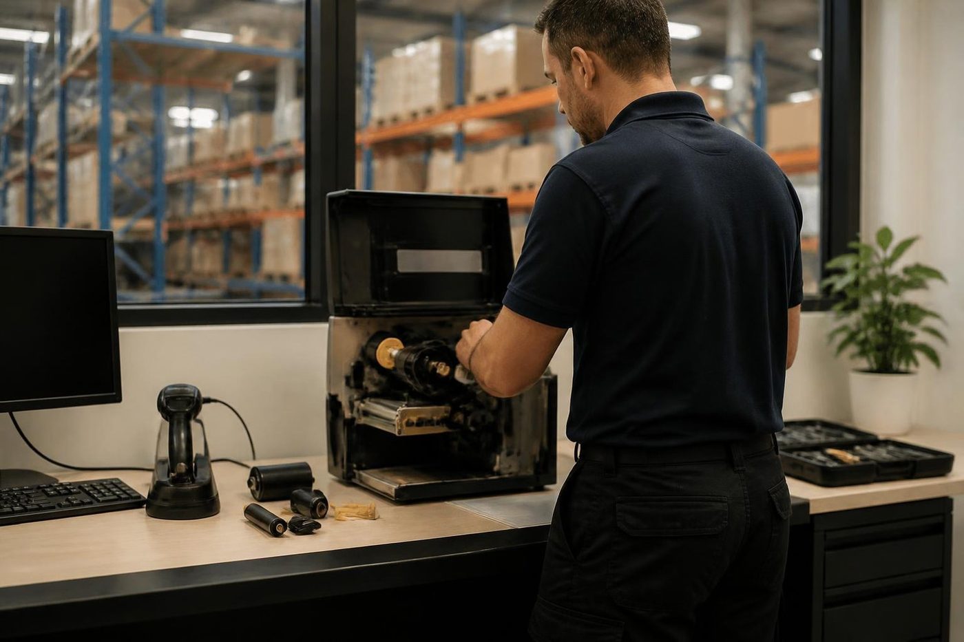 A technician servicing a label printer in a Gold Coast warehouse office