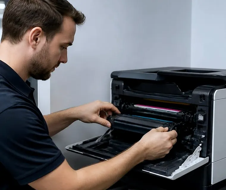 Technician repairing a laser printer in an office in Gold Coast