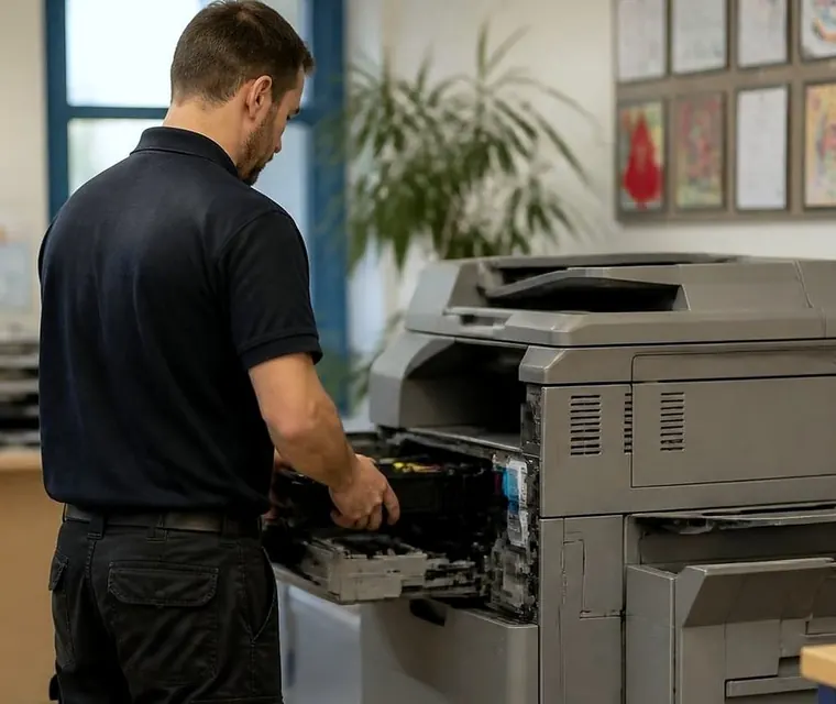 Technician repairing a copier in a school office in Gold Coast