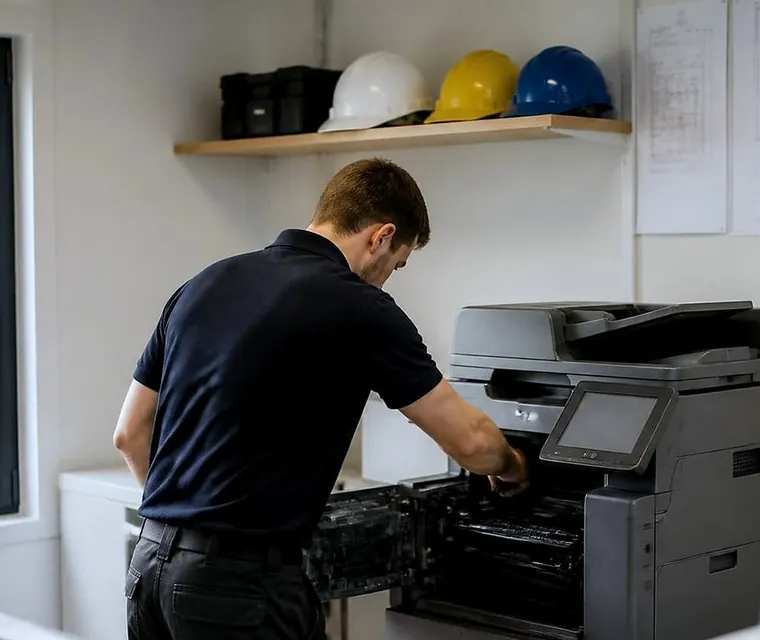 Technician repairing a copier in a site office in Gold Coast