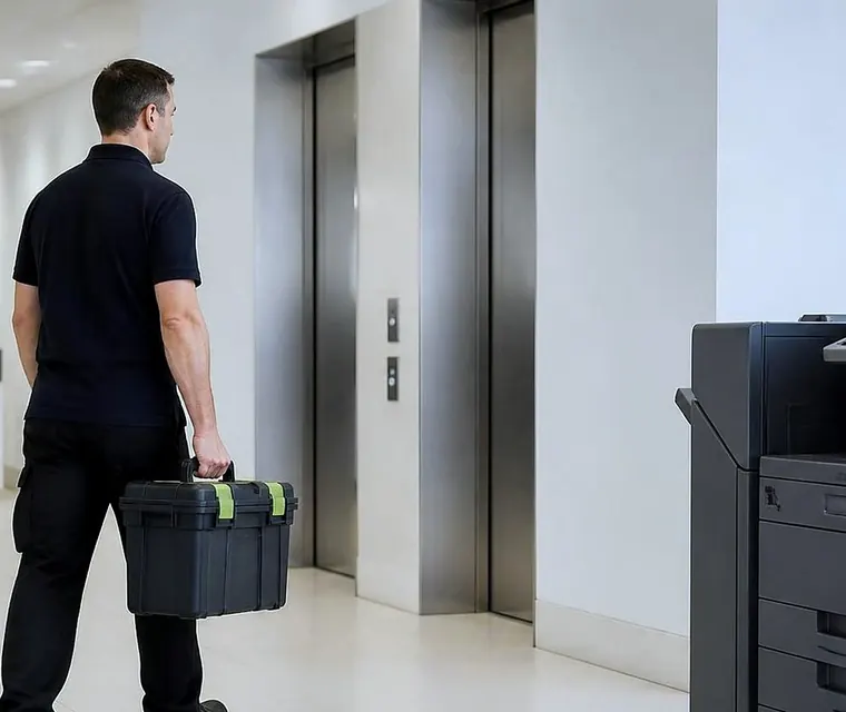 Technician carrying a parts case through an office lobby in Gold Coast