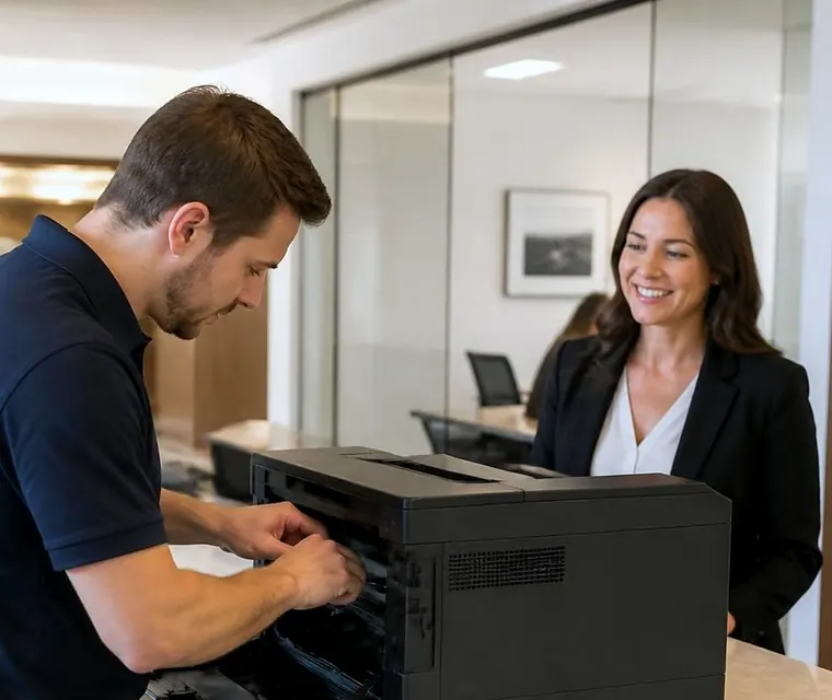 Technician servicing an office printer at a front desk in Gold Coast