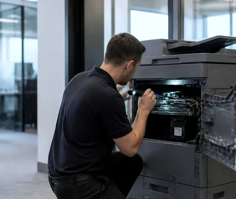 Technician at a copier with the side panel open in Gold Coast